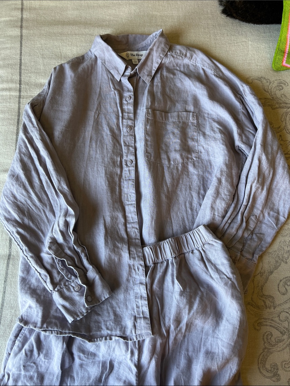 100% Linen Lavender matching set Wide leg pants and button up shirt